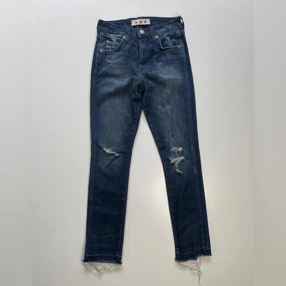 AMO Jeans Babe Womens‎ 24x25.5 Distressed Holes Raw Hem Button Fly Into the Blue
